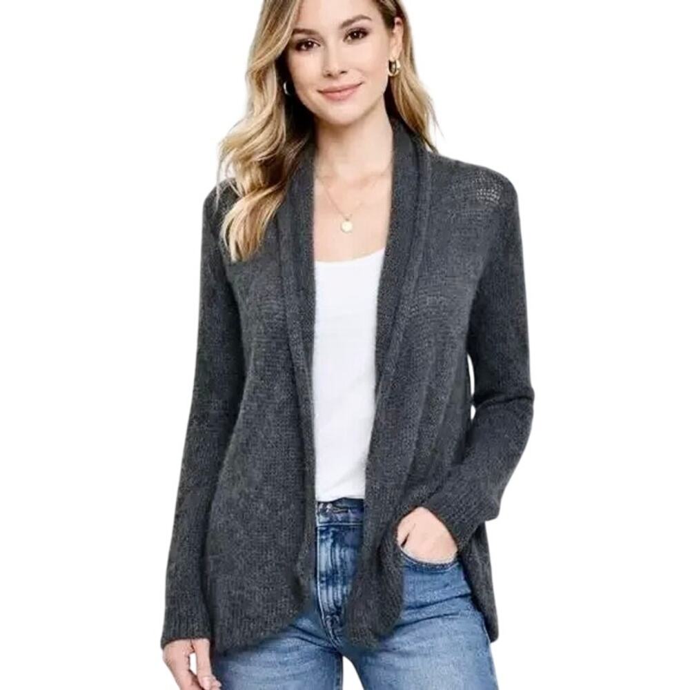 Anthropologie Wooden Ships Crochet Knit Cotton Blend Cardigan Sweater Boho Grey